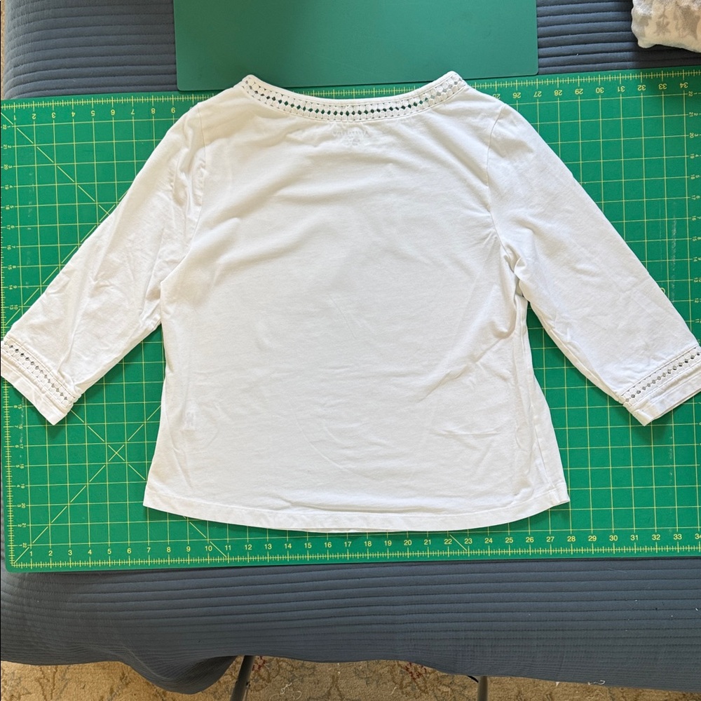 Appleseed's White 3/4 Sleeve Top with Crochet Detail at neck and sleeve, PM - Picture 8 of 11
